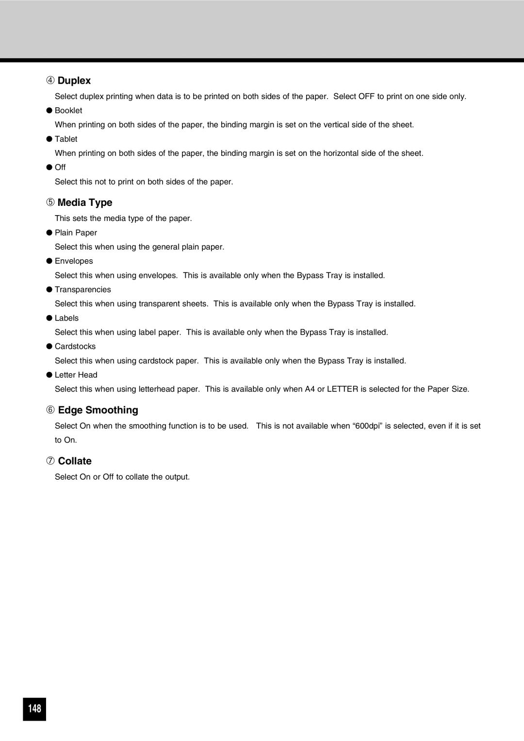 Toshiba GA-1031 manual 148, ➃ Duplex, ➄ Media Type, ➅ Edge Smoothing, ➆ Collate 