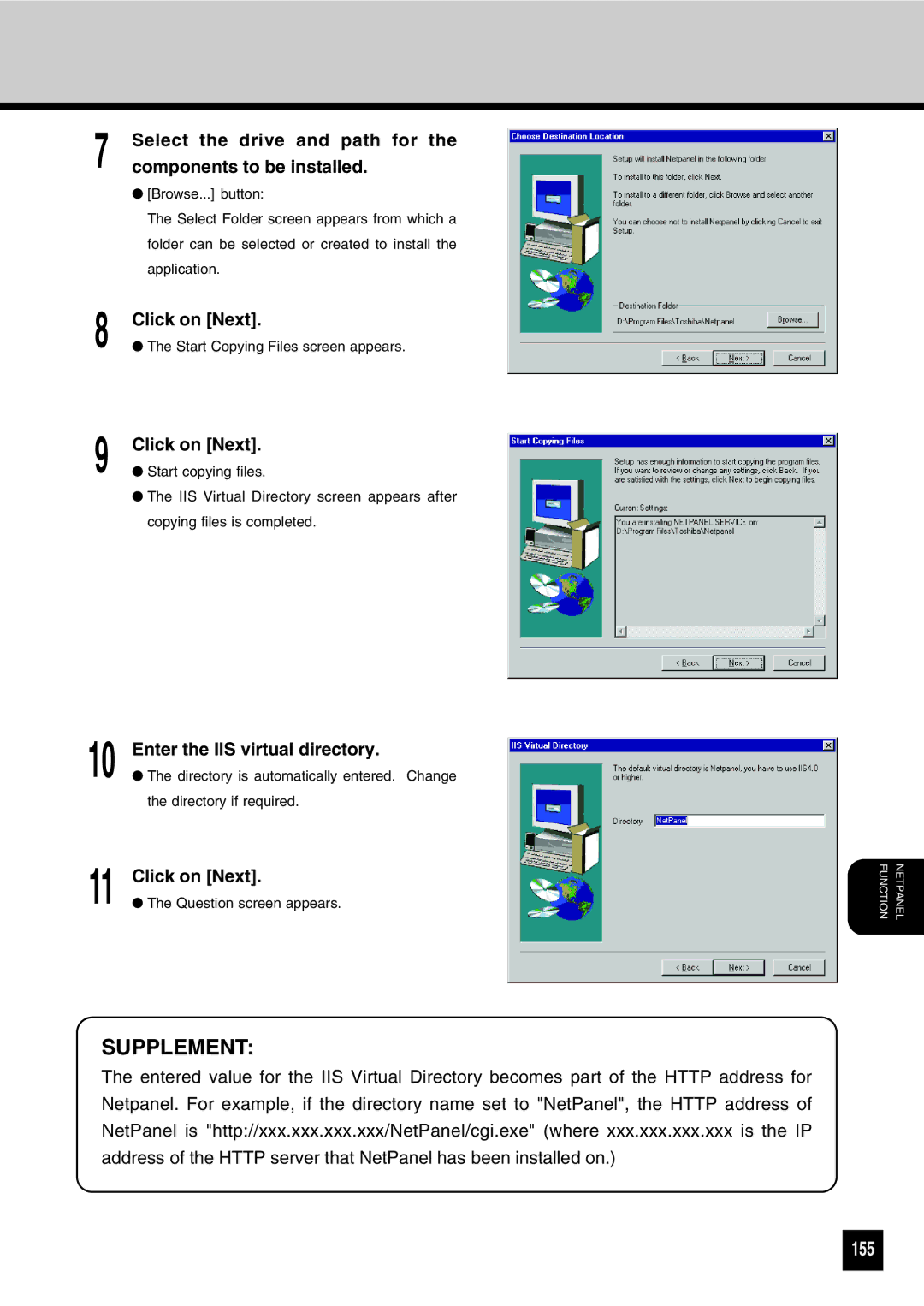 Toshiba GA-1031 manual 155, Enter the IIS virtual directory 