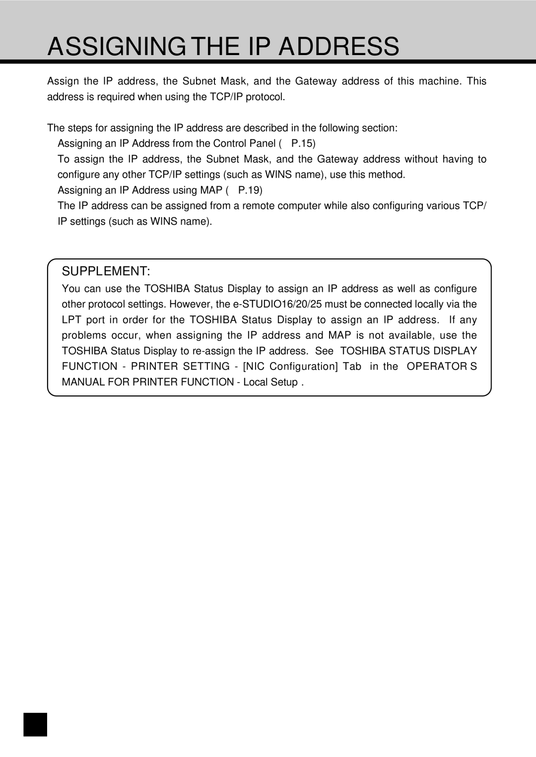 Toshiba GA-1031 manual Assigning the IP Address, Supplement 