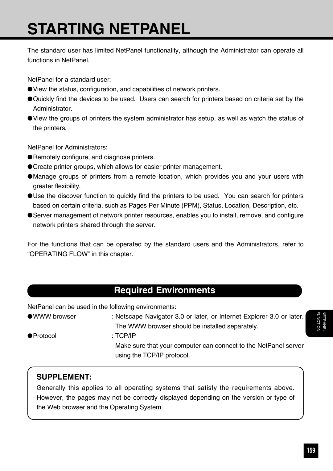 Toshiba GA-1031 manual Starting Netpanel, Required Environments, 159 