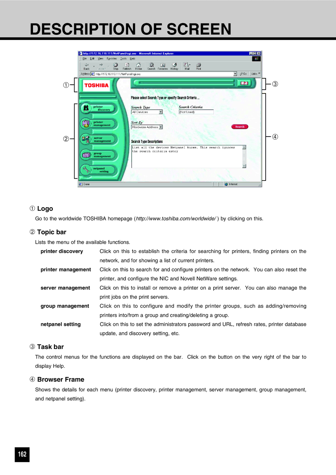 Toshiba GA-1031 manual Description of Screen, 162, ➀ Logo ➁ Topic bar, ➂ Task bar, ➃ Browser Frame 