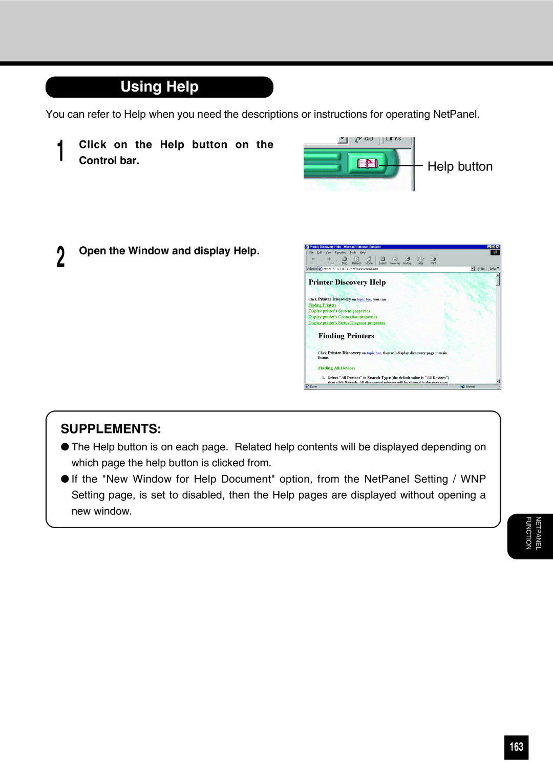 Toshiba GA-1031 manual Using Help, 163, Click on the Help button on Control bar, Open the Window and display Help 