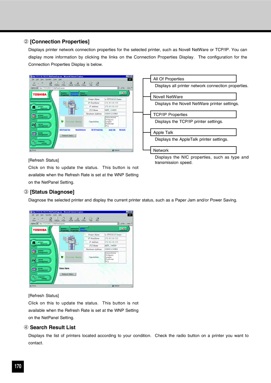 Toshiba GA-1031 manual 170, ➁ Connection Properties, ➂ Status Diagnose, ➃ Search Result List 