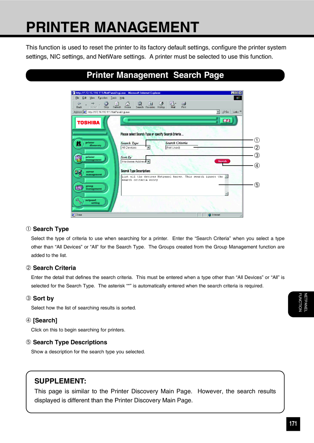 Toshiba GA-1031 manual Printer Management Search, 171 