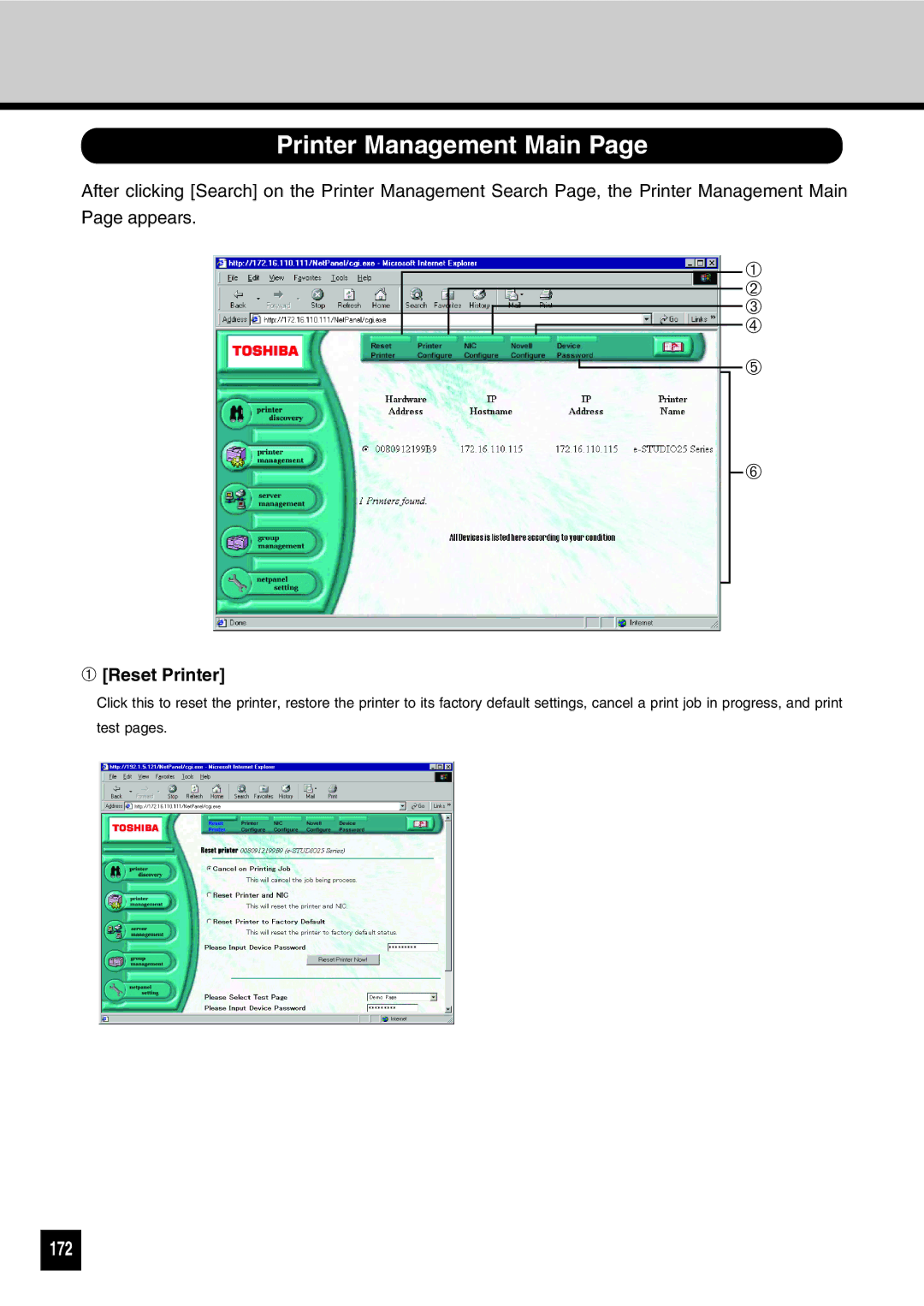 Toshiba GA-1031 manual Printer Management Main, 172, ➀ Reset Printer 