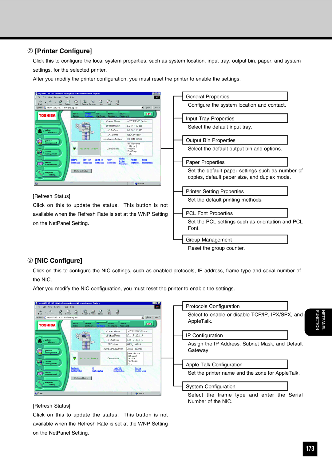 Toshiba GA-1031 manual 173, ➁ Printer Configure, ➂ NIC Configure 