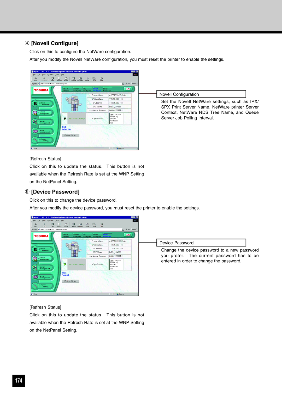 Toshiba GA-1031 manual 174, ➃ Novell Configure, ➄ Device Password 