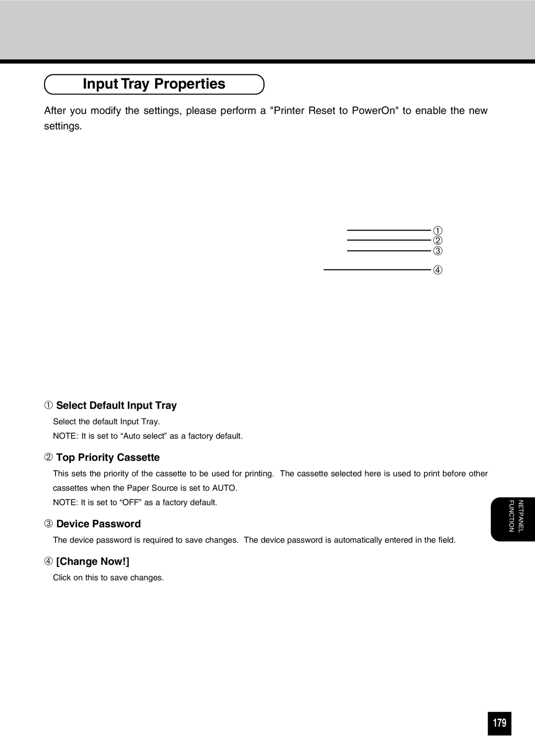 Toshiba GA-1031 manual Input Tray Properties, 179, ➀ Select Default Input Tray, ➁ Top Priority Cassette 