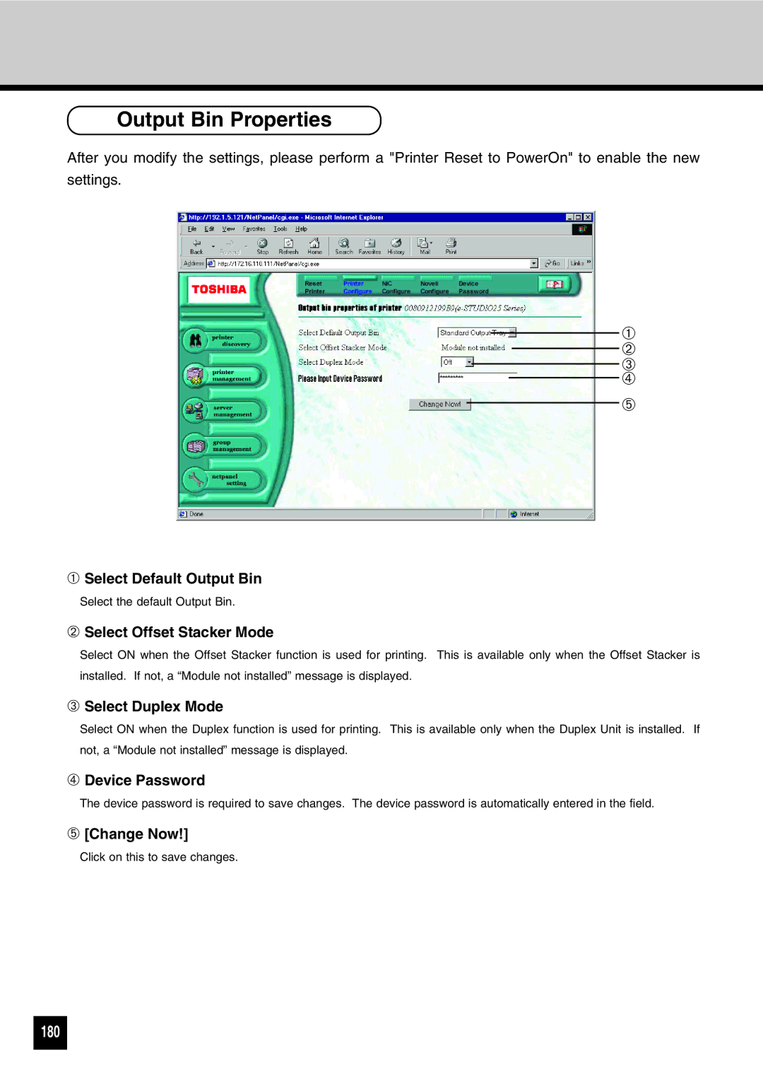 Toshiba GA-1031 manual Output Bin Properties, 180 