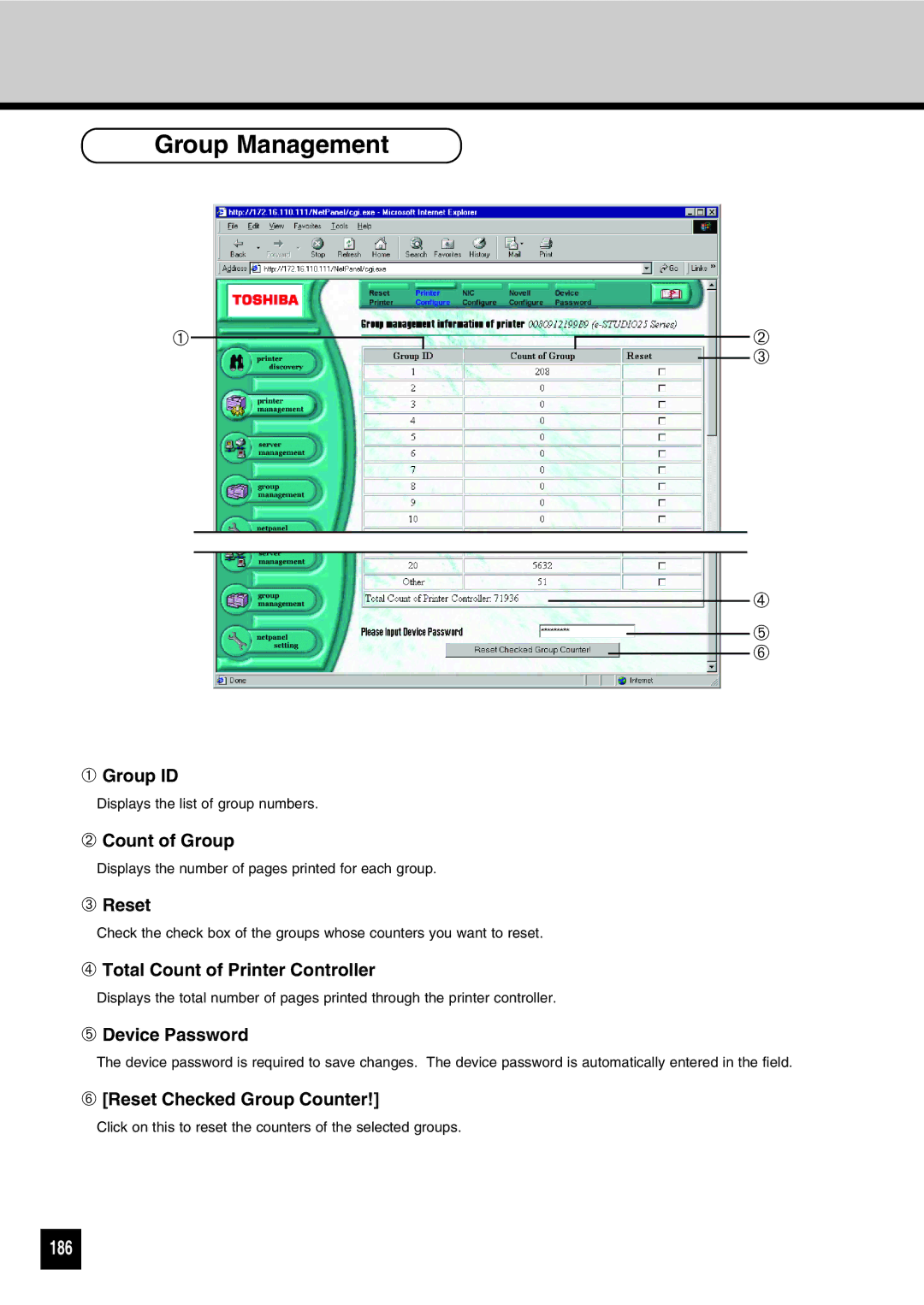 Toshiba GA-1031 manual Group Management, 186 