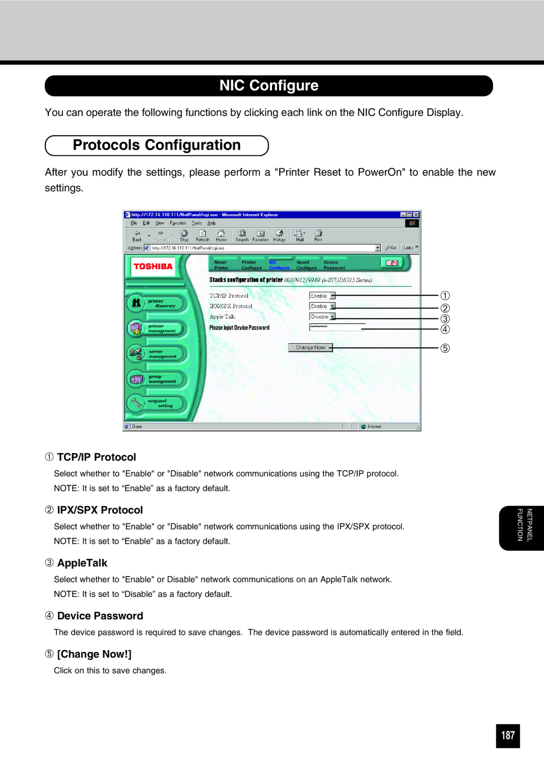 Toshiba GA-1031 manual NIC Configure, Protocols Configuration, 187 