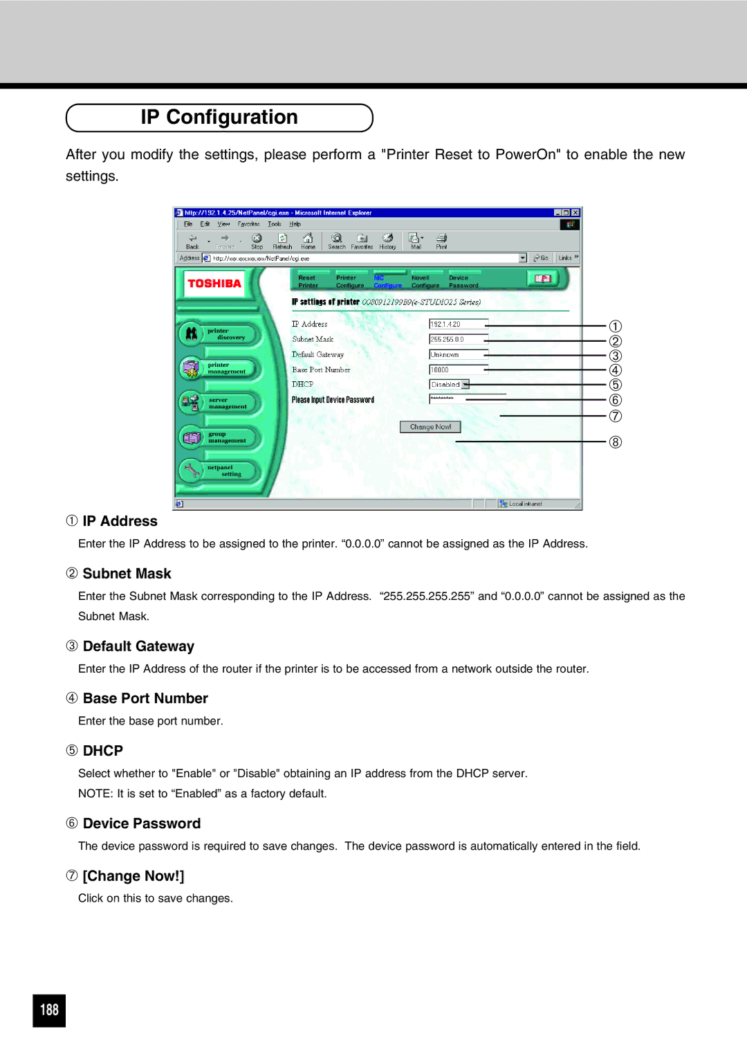 Toshiba GA-1031 manual IP Configuration, 188 