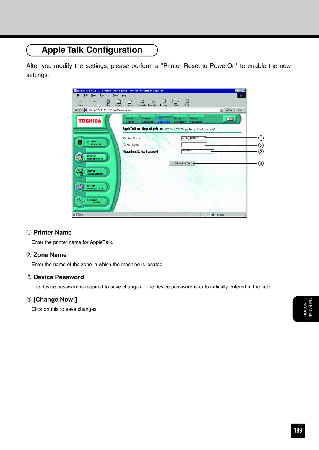 Toshiba GA-1031 manual Apple Talk Configuration, 189, ➀ Printer Name, ➁ Zone Name 