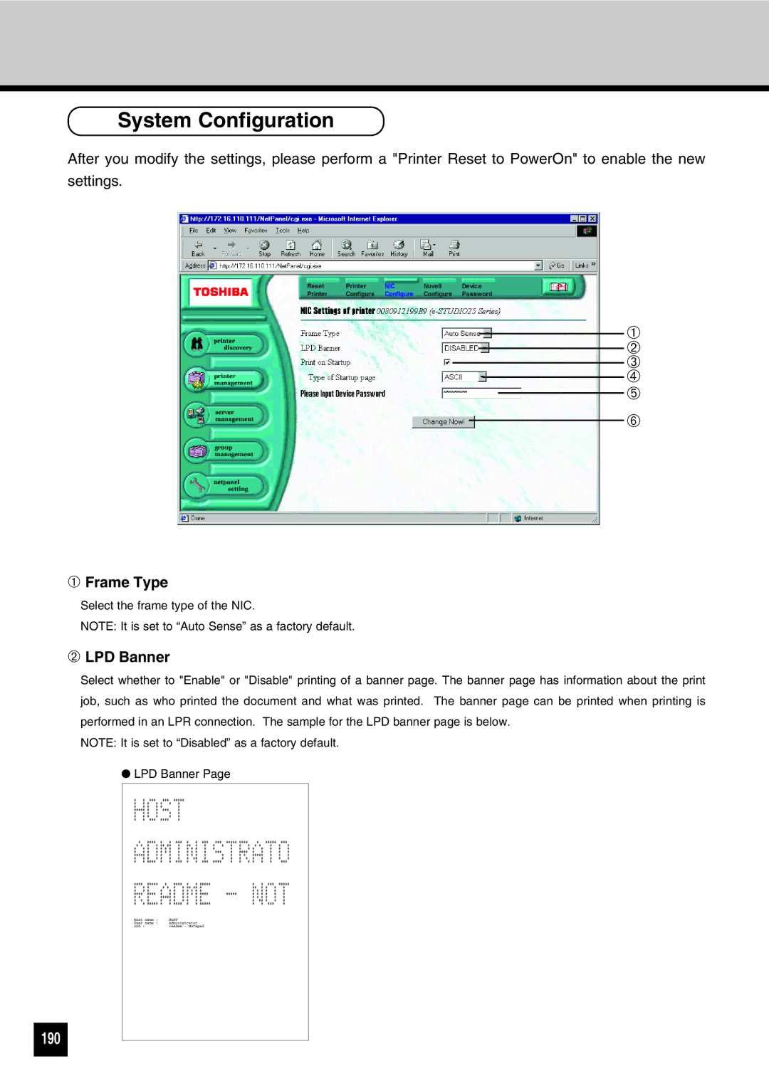 Toshiba GA-1031 manual System Configuration, 190, ➀ Frame Type, ➁ LPD Banner 