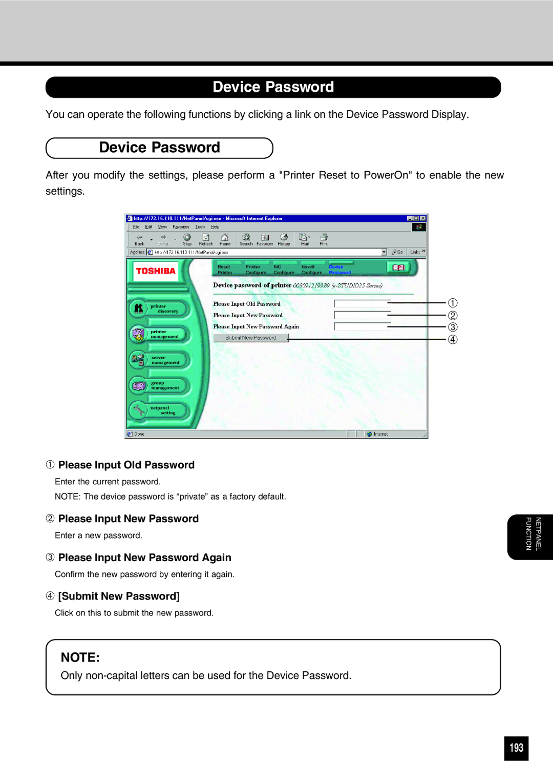 Toshiba GA-1031 manual Device Password, 193 