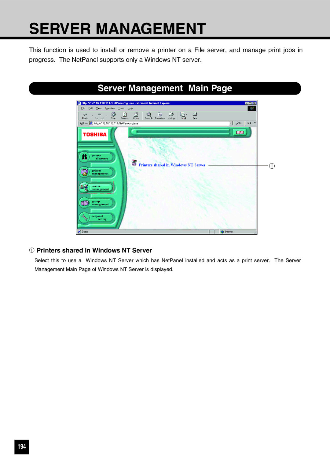 Toshiba GA-1031 manual Server Management Main, 194, ➀ Printers shared in Windows NT Server 