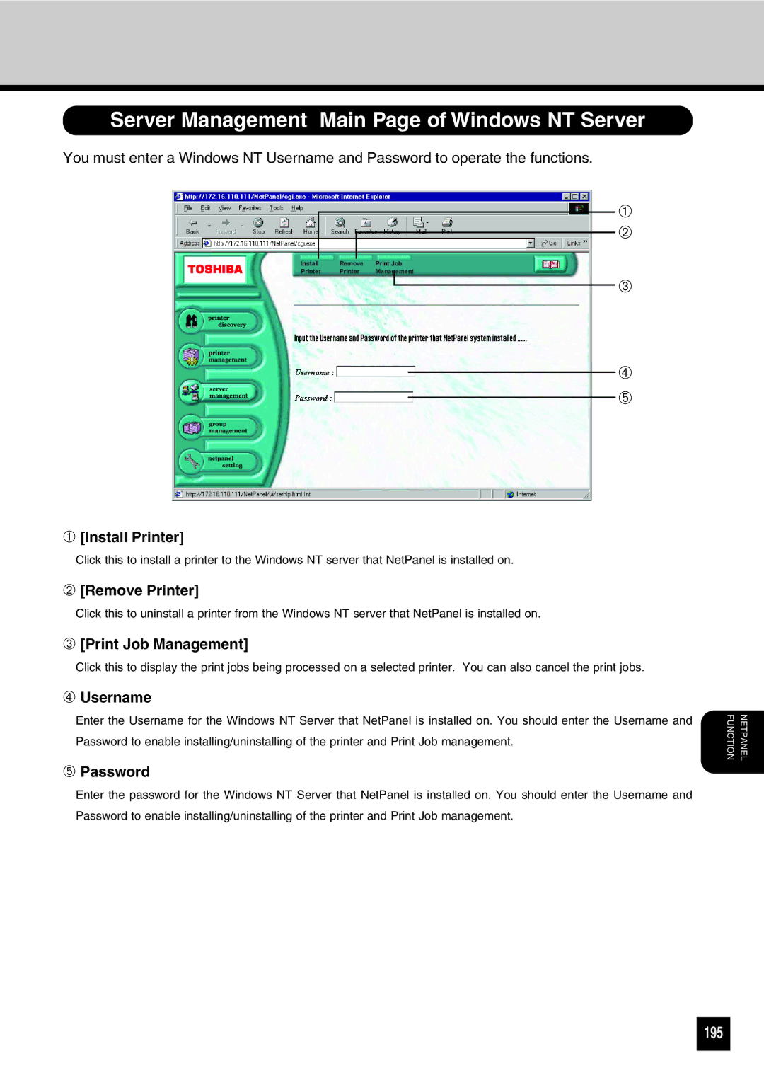 Toshiba GA-1031 manual Server Management Main Page of Windows NT Server, 195 