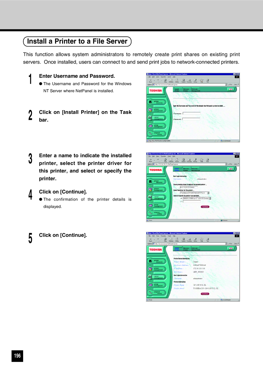 Toshiba GA-1031 manual Install a Printer to a File Server, 196 