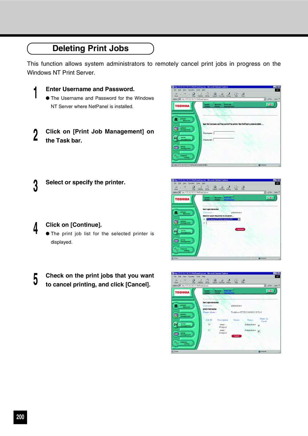 Toshiba GA-1031 manual Deleting Print Jobs, 200 