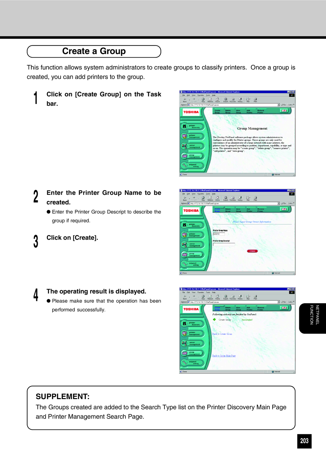 Toshiba GA-1031 manual Create a Group, 203 