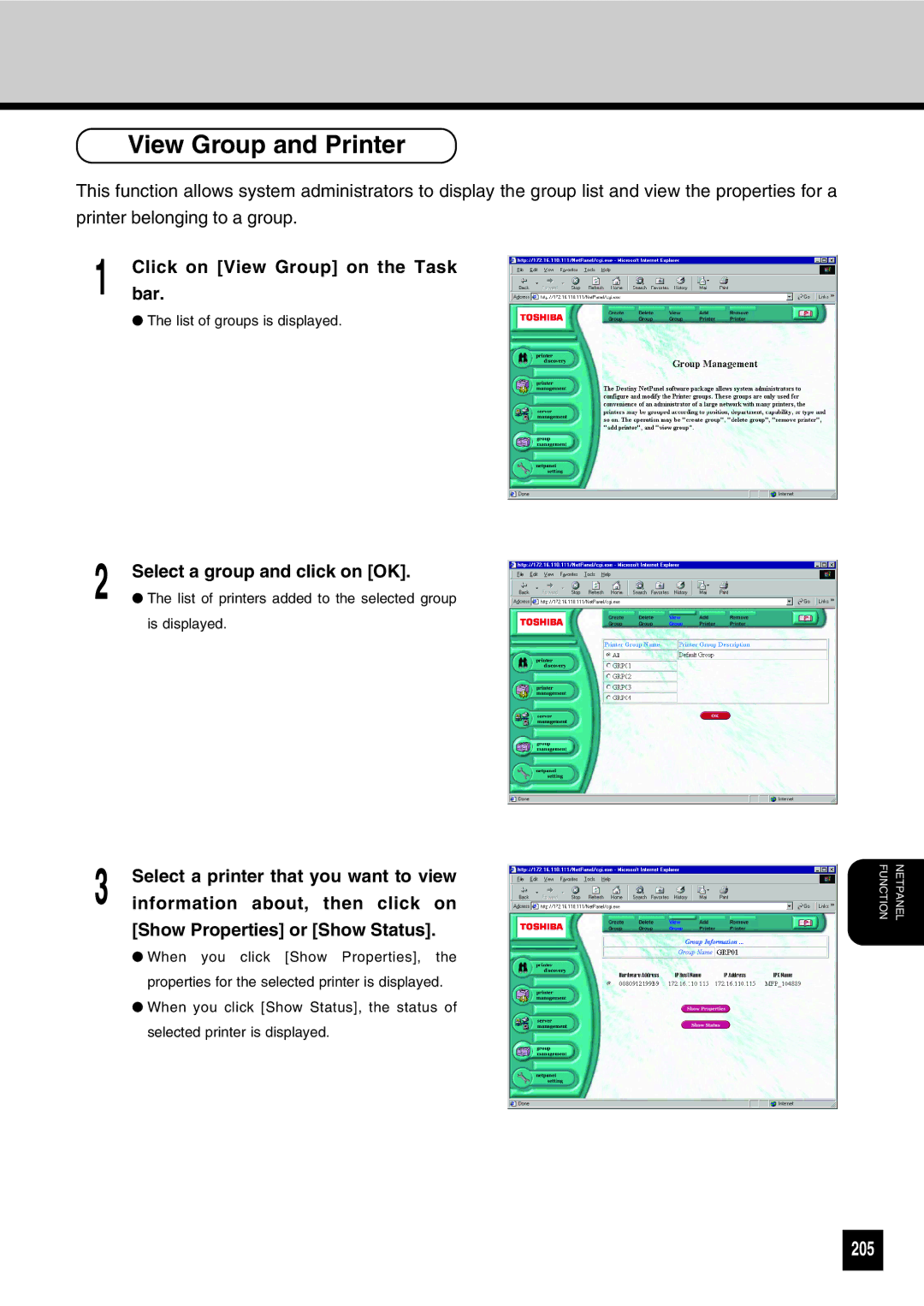 Toshiba GA-1031 manual View Group and Printer, 205, Clickbar. on View Group on the Task, Select a group and click on OK 