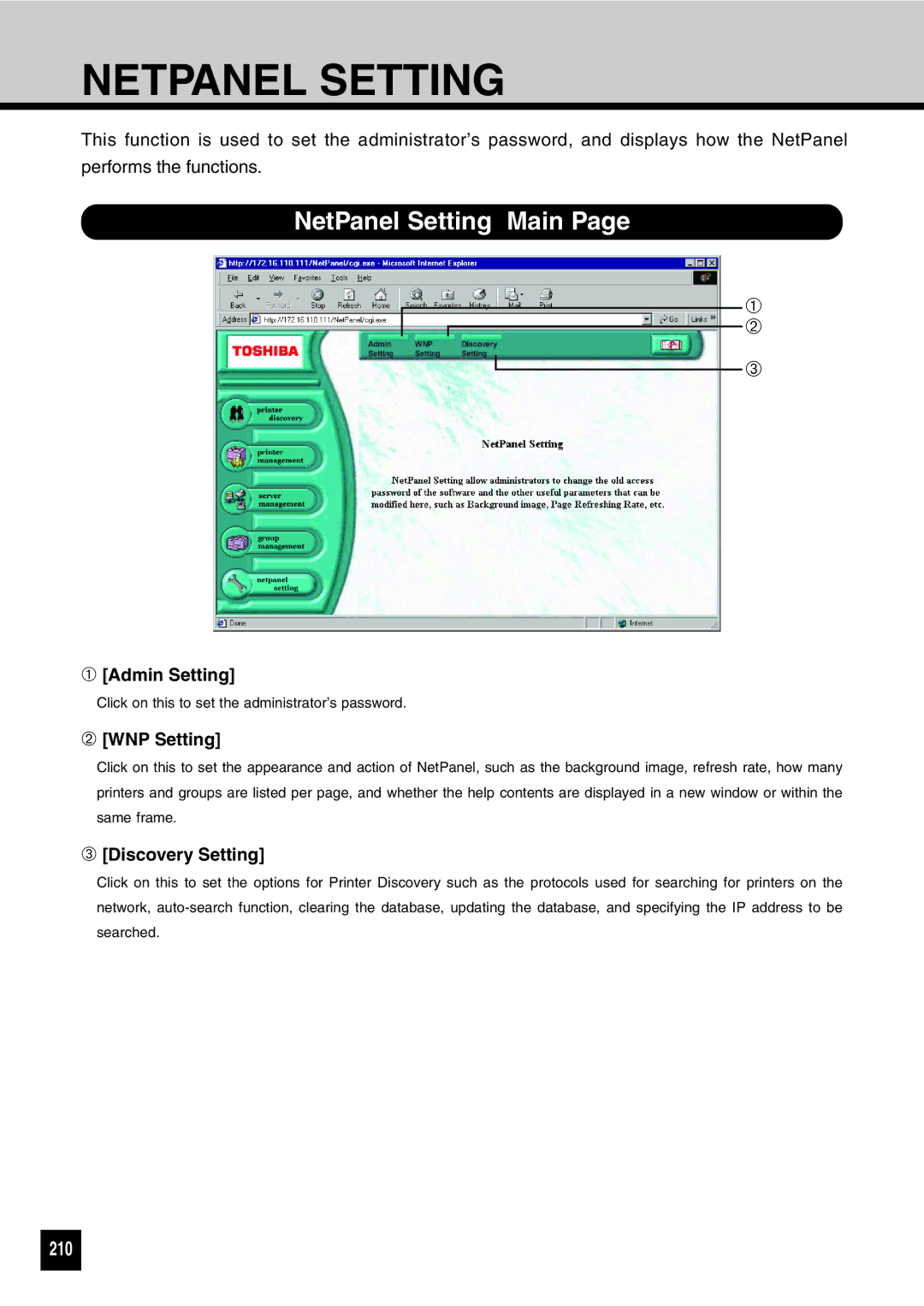 Toshiba GA-1031 manual Netpanel Setting, NetPanel Setting Main, 210 