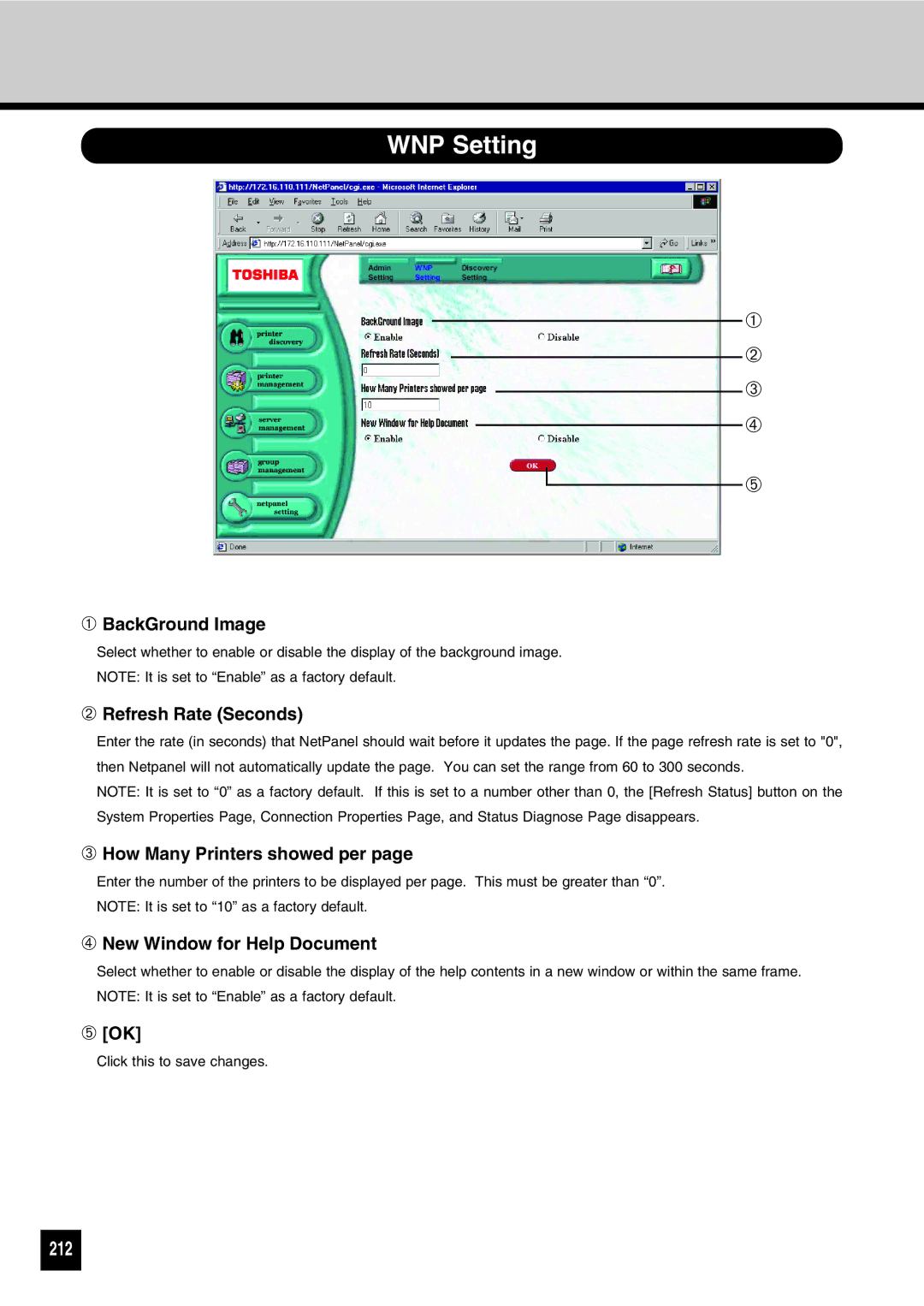 Toshiba GA-1031 manual WNP Setting, 212 