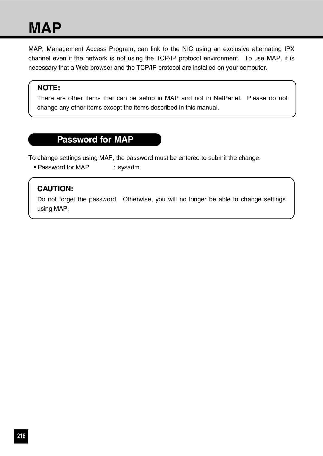 Toshiba GA-1031 manual Map, Password for MAP, 216 