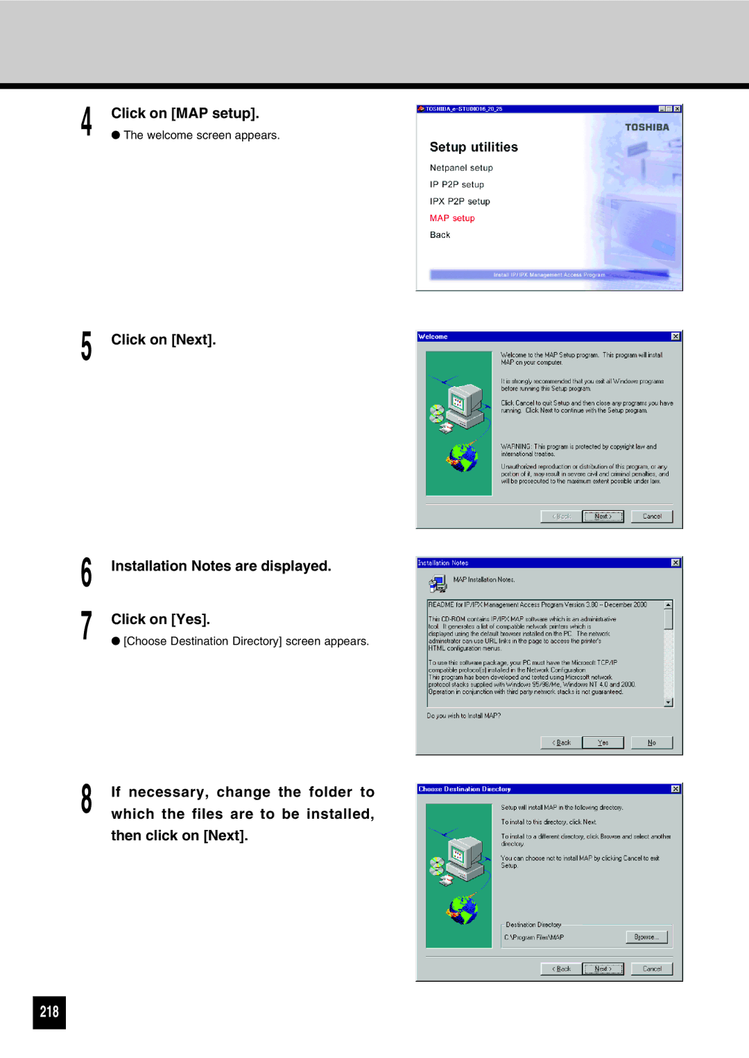 Toshiba GA-1031 manual 218, Click on MAP setup 