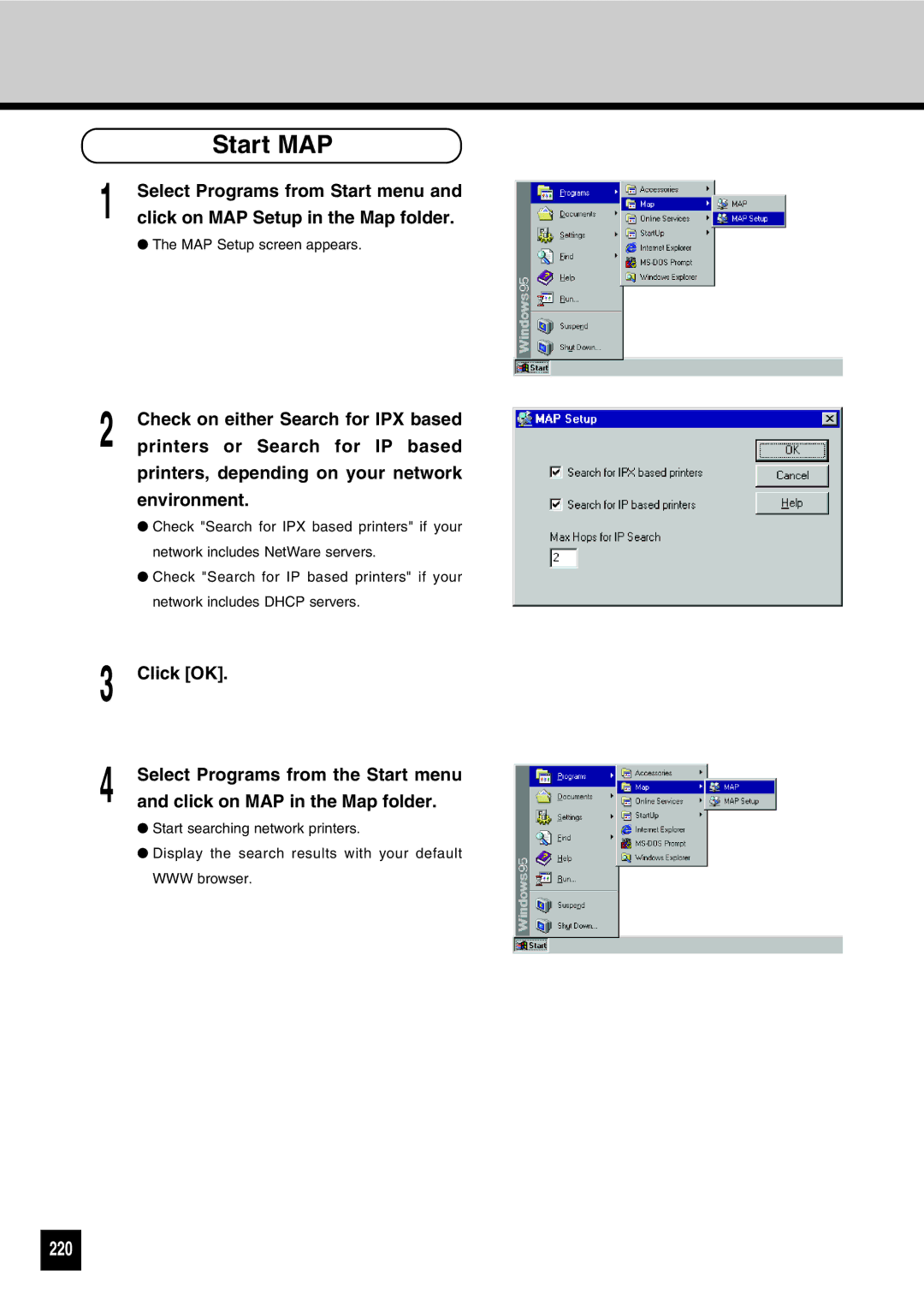 Toshiba GA-1031 manual Start MAP, 220, Select Programs from Start menu, Click on MAP Setup in the Map folder 