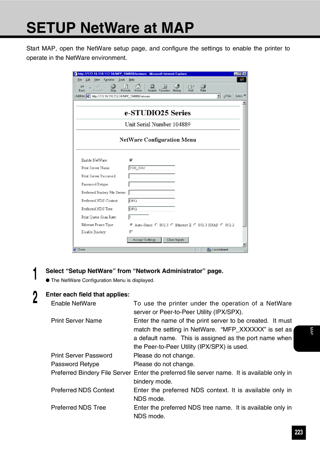 Toshiba GA-1031 manual 223, Select Setup NetWare from Network Administrator, Enter each field that applies 
