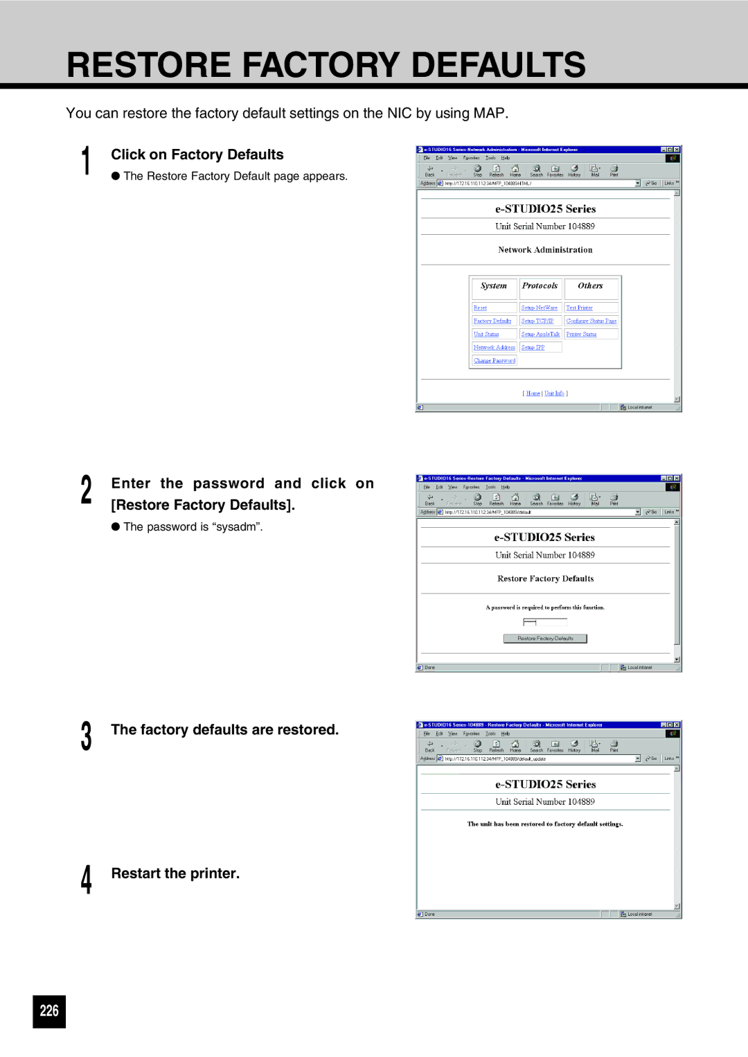 Toshiba GA-1031 manual Restore Factory Defaults, 226, Click on Factory Defaults 