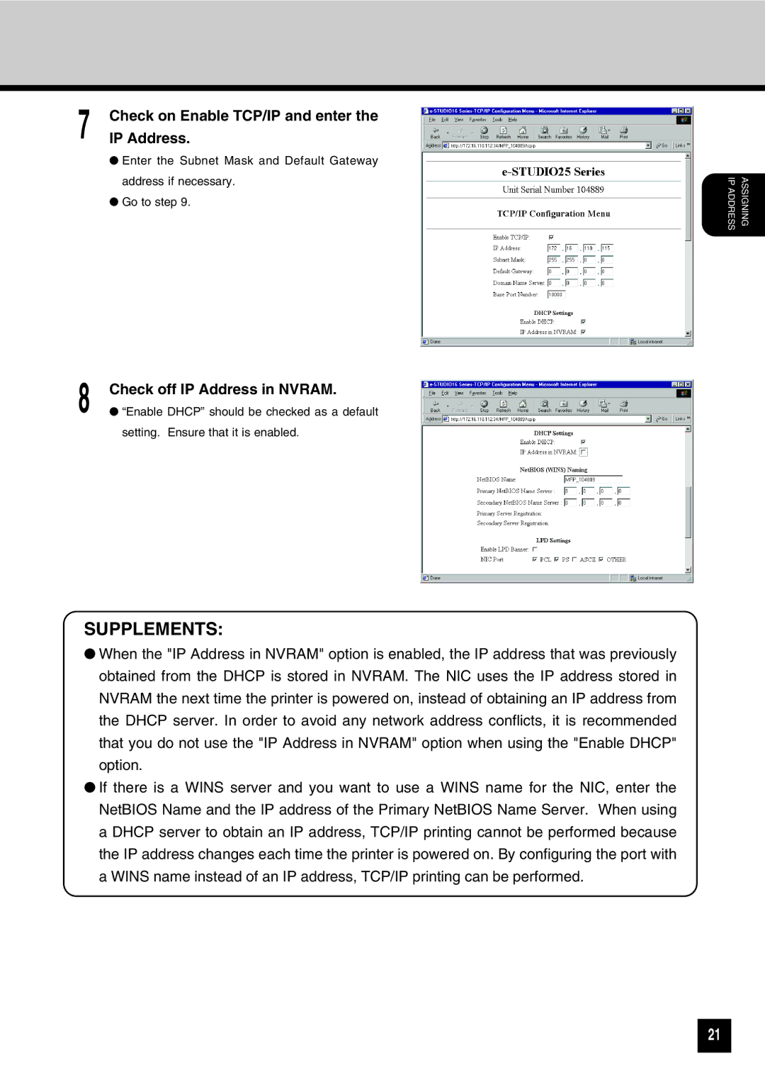 Toshiba GA-1031 manual Check on Enable TCP/IP and enter IP Address, Check off IP Address in Nvram 