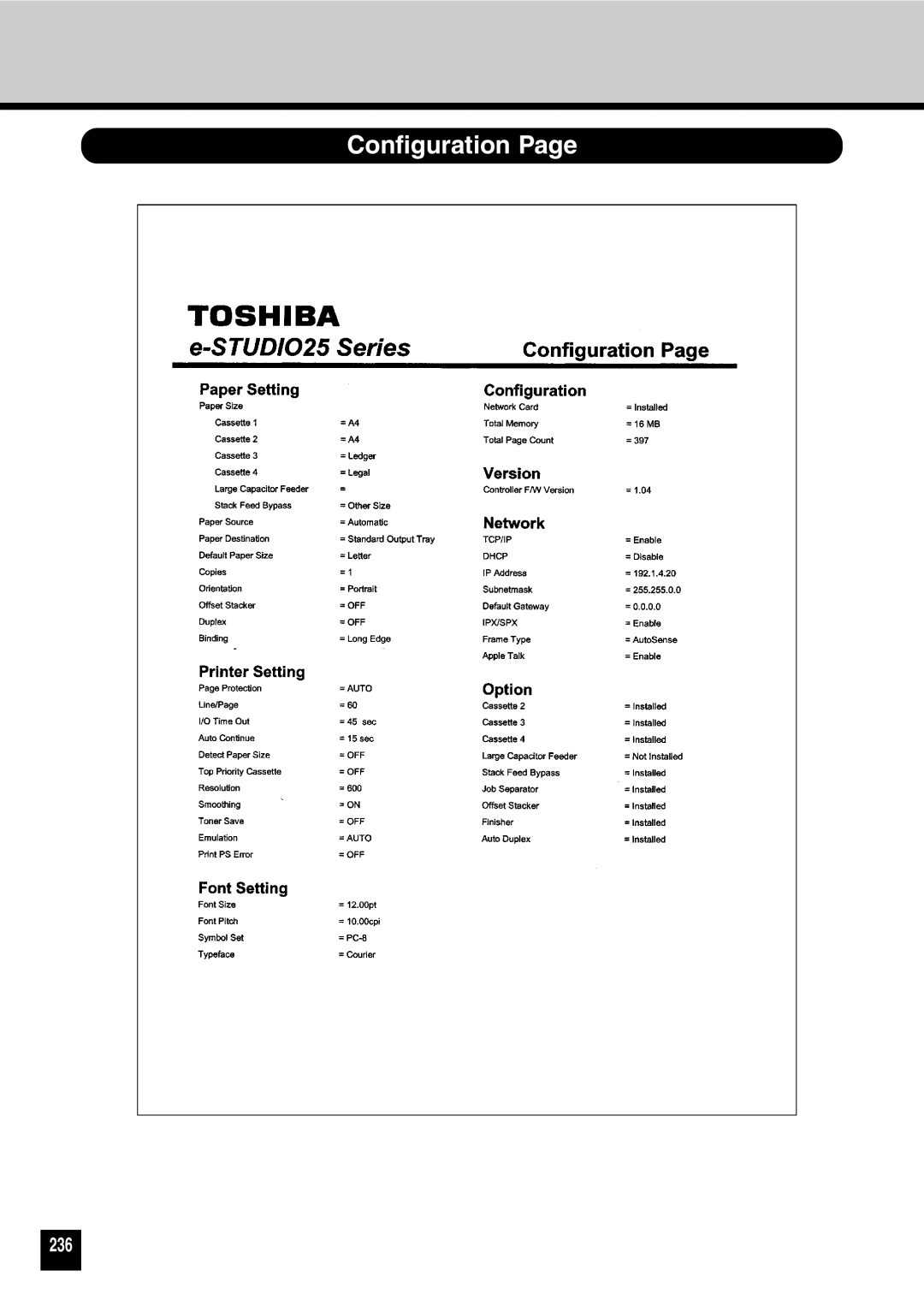 Toshiba GA-1031 manual Configuration, 236 