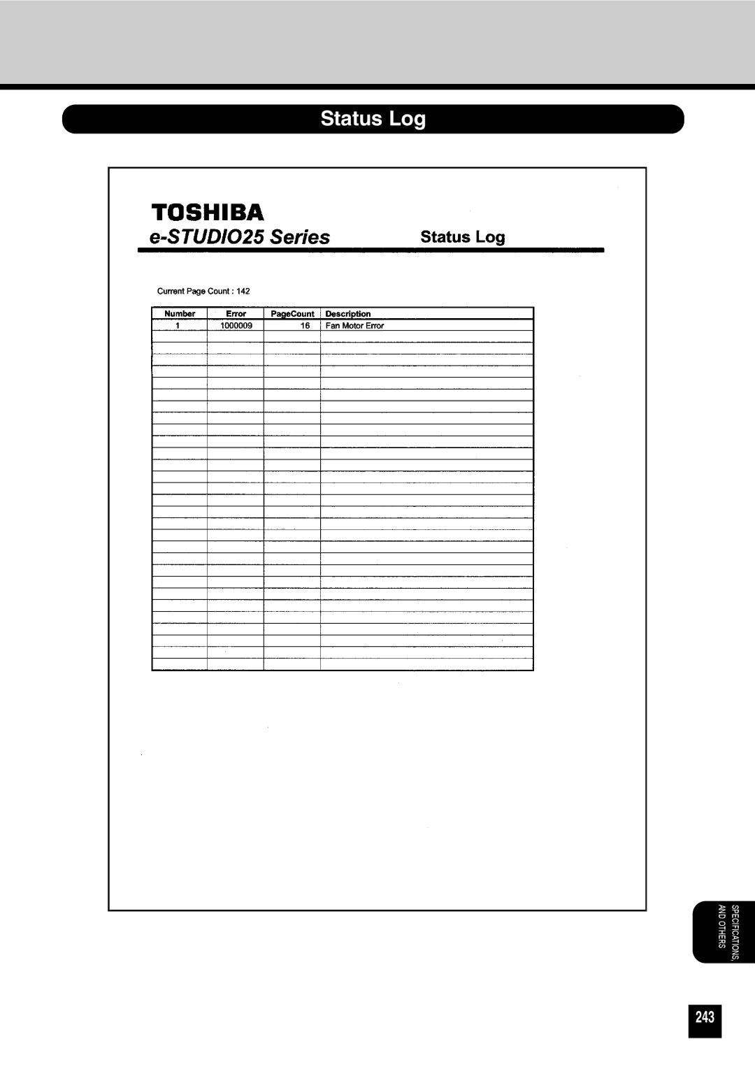 Toshiba GA-1031 manual Status Log, 243 