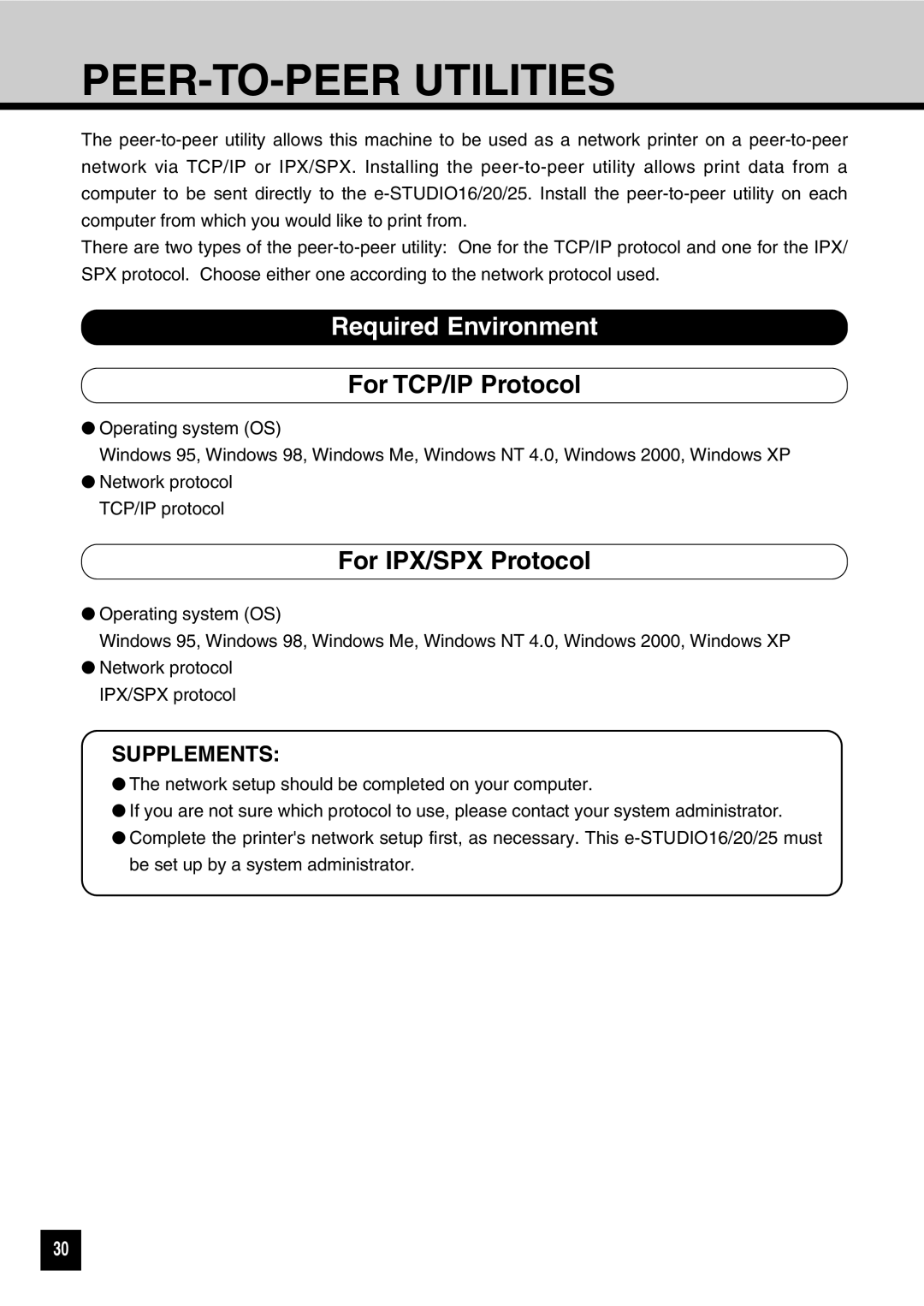 Toshiba GA-1031 manual PEER-TO-PEER Utilities, Required Environment, For TCP/IP Protocol, For IPX/SPX Protocol 
