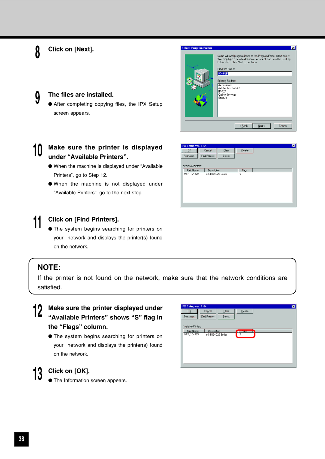 Toshiba GA-1031 manual Click on Next Files are installed, Make sure the printer is displayed Under Available Printers 