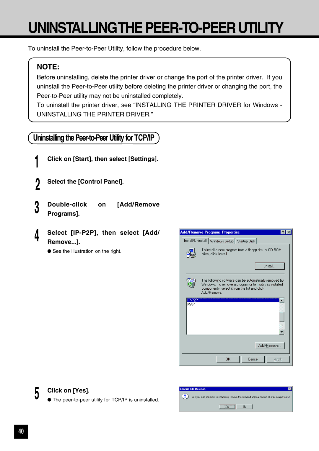 Toshiba GA-1031 manual Uninstallingthe PEER-TO-PEER Utility, Uninstalling the Peer-to-Peer Utility for TCP/IP 