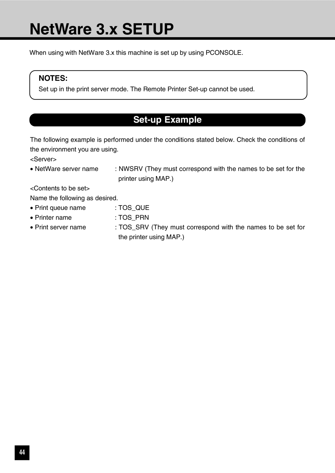 Toshiba GA-1031 manual NetWare 3.x Setup, Set-up Example 