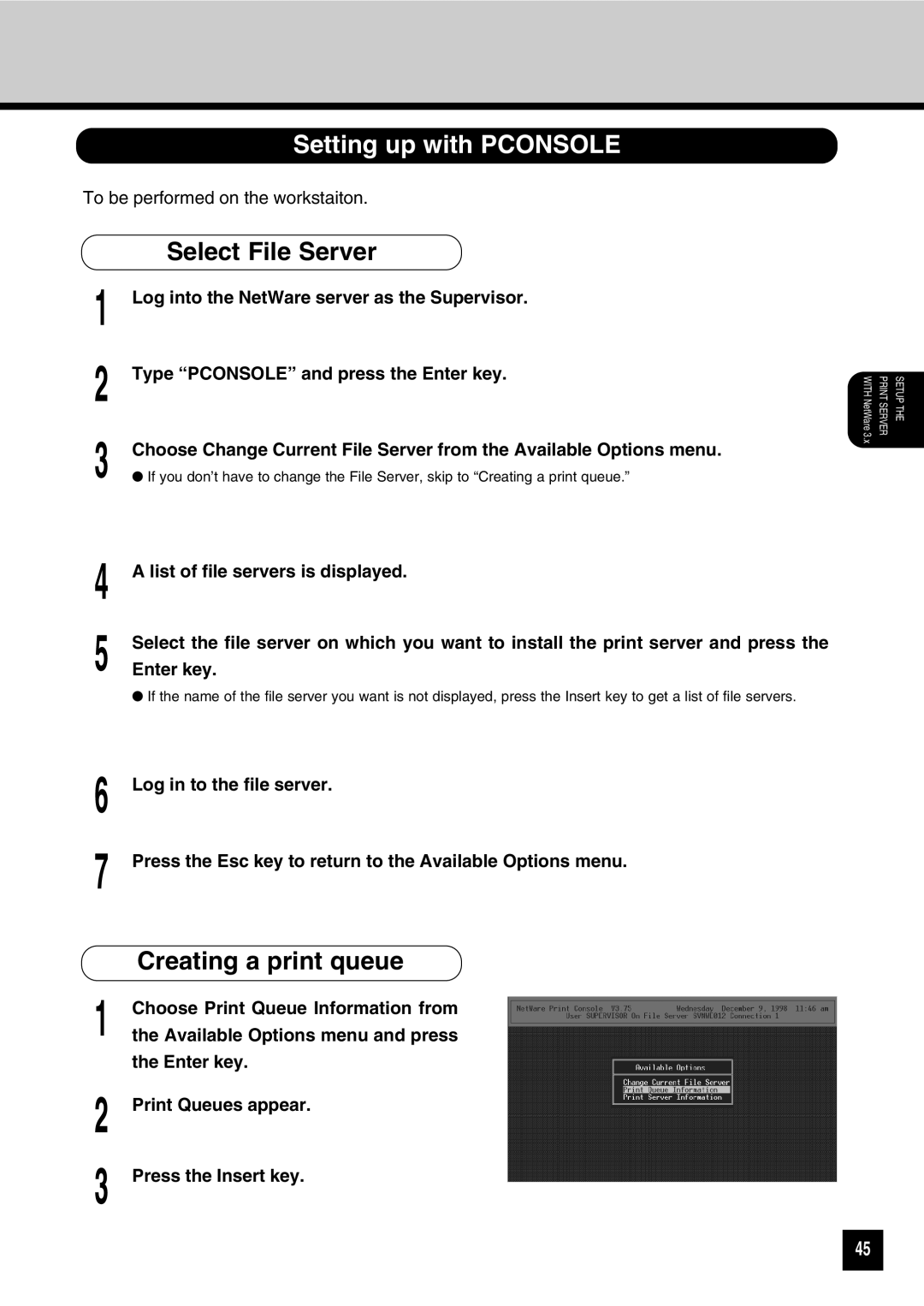 Toshiba GA-1031 manual Setting up with Pconsole, Select File Server, Creating a print queue 