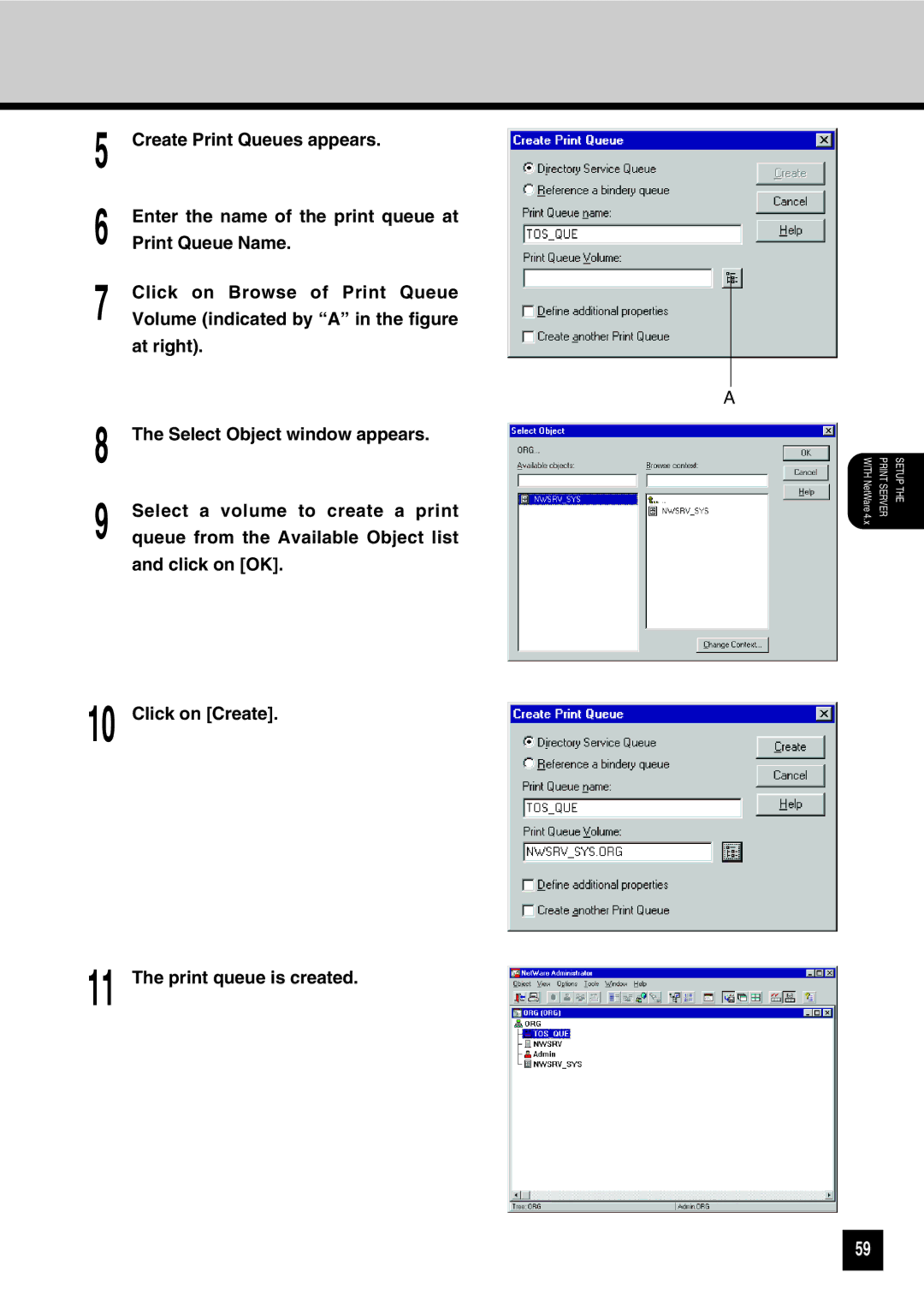 Toshiba GA-1031 manual Create Print Queues appears, Print Queue Name, Click on Browse of Print Queue 