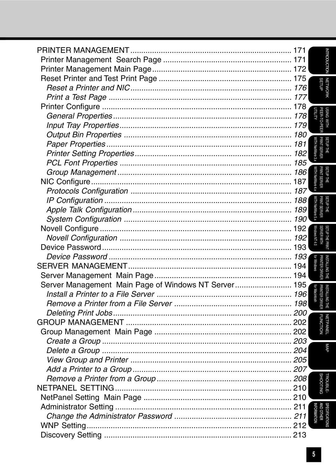 Toshiba GA-1031 manual Reset a Printer and NIC 176 Print a Test 177 