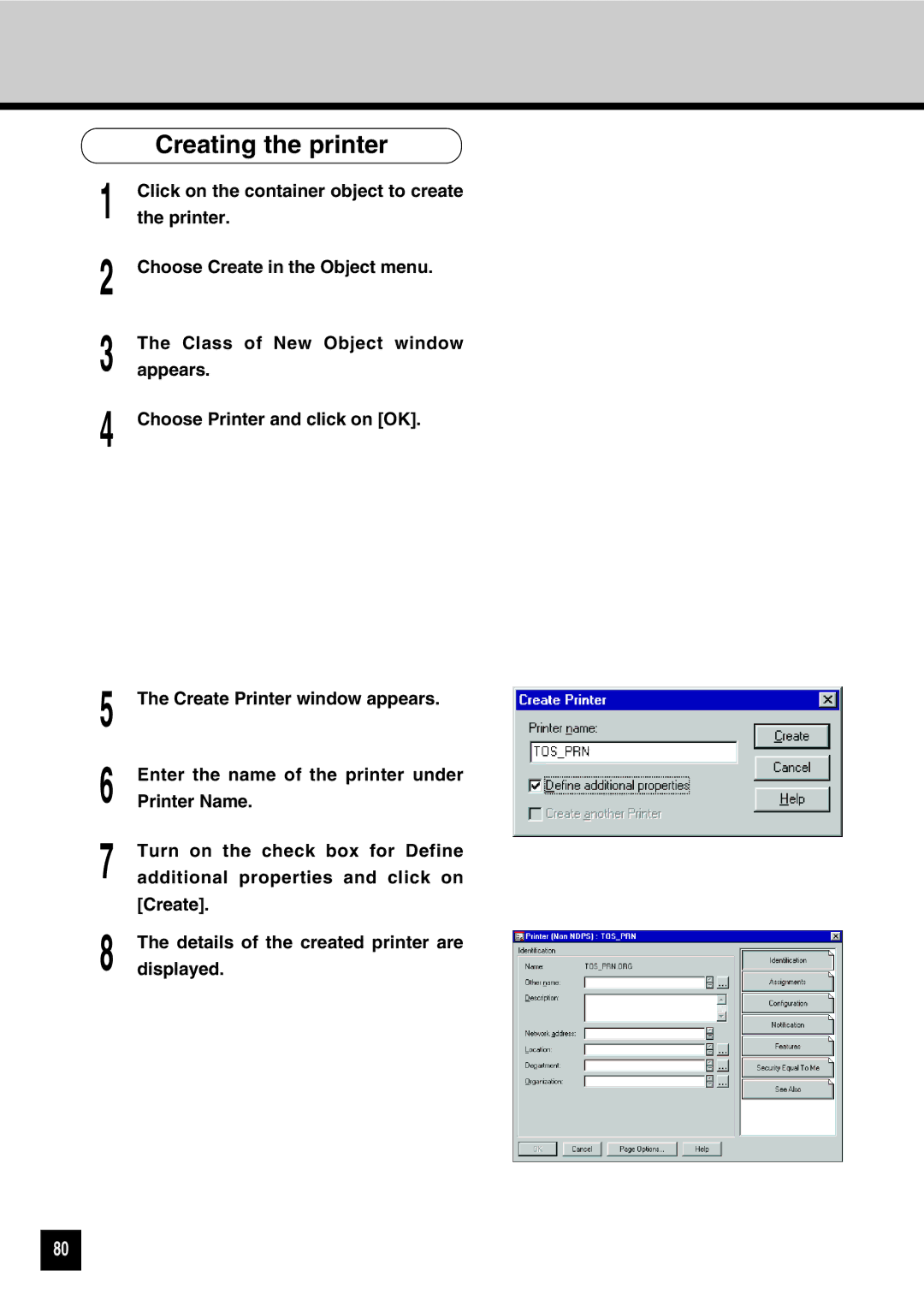 Toshiba GA-1031 manual Creating the printer 