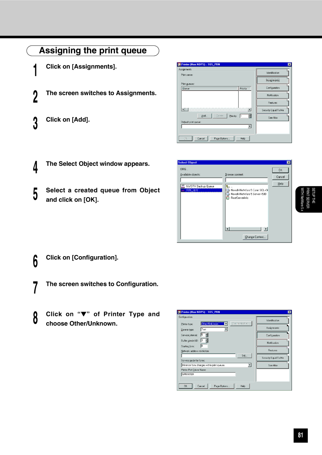 Toshiba GA-1031 manual Assigning the print queue 