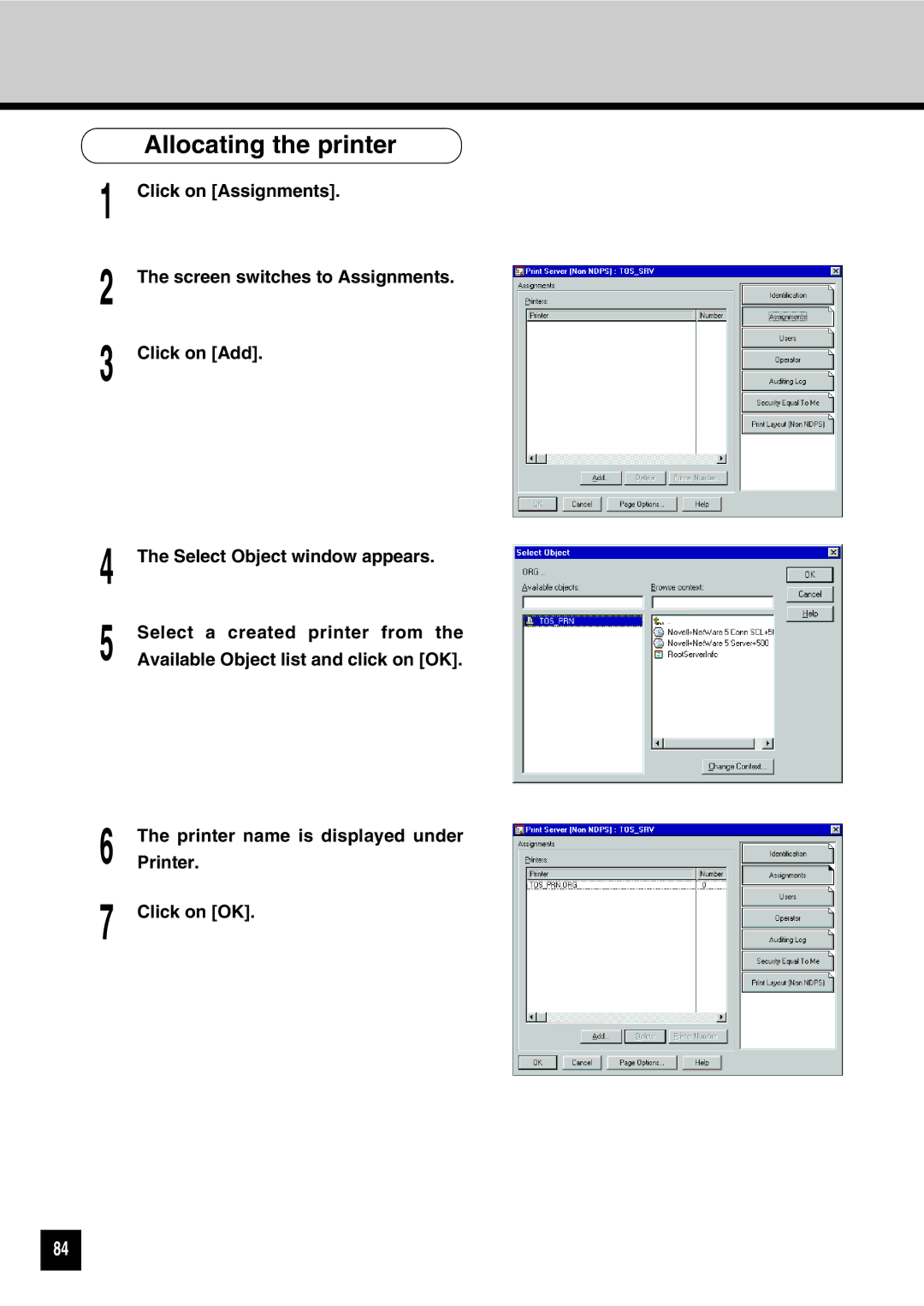 Toshiba GA-1031 manual Allocating the printer 