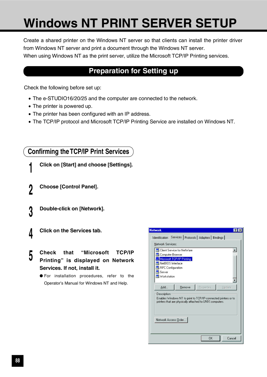 Toshiba GA-1031 manual Preparation for Setting up, Confirming the TCP/IP Print Services 