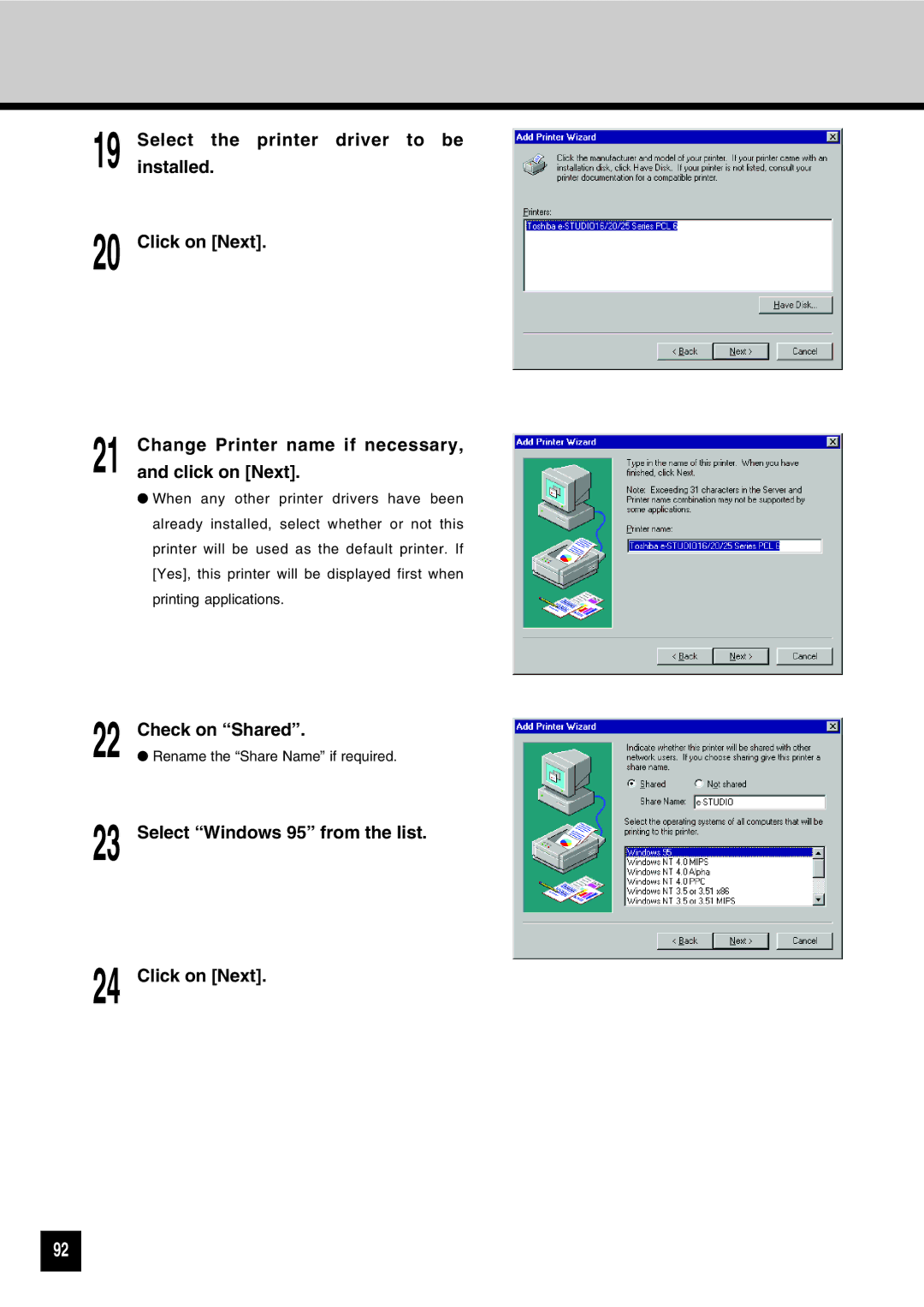 Toshiba GA-1031 manual Check on Shared, Select Windows 95 from the list Click on Next 