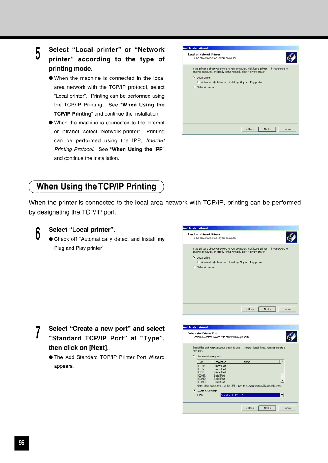 Toshiba GA-1031 manual When Using the TCP/IP Printing, Select Local printer, Select Create a new port and select 