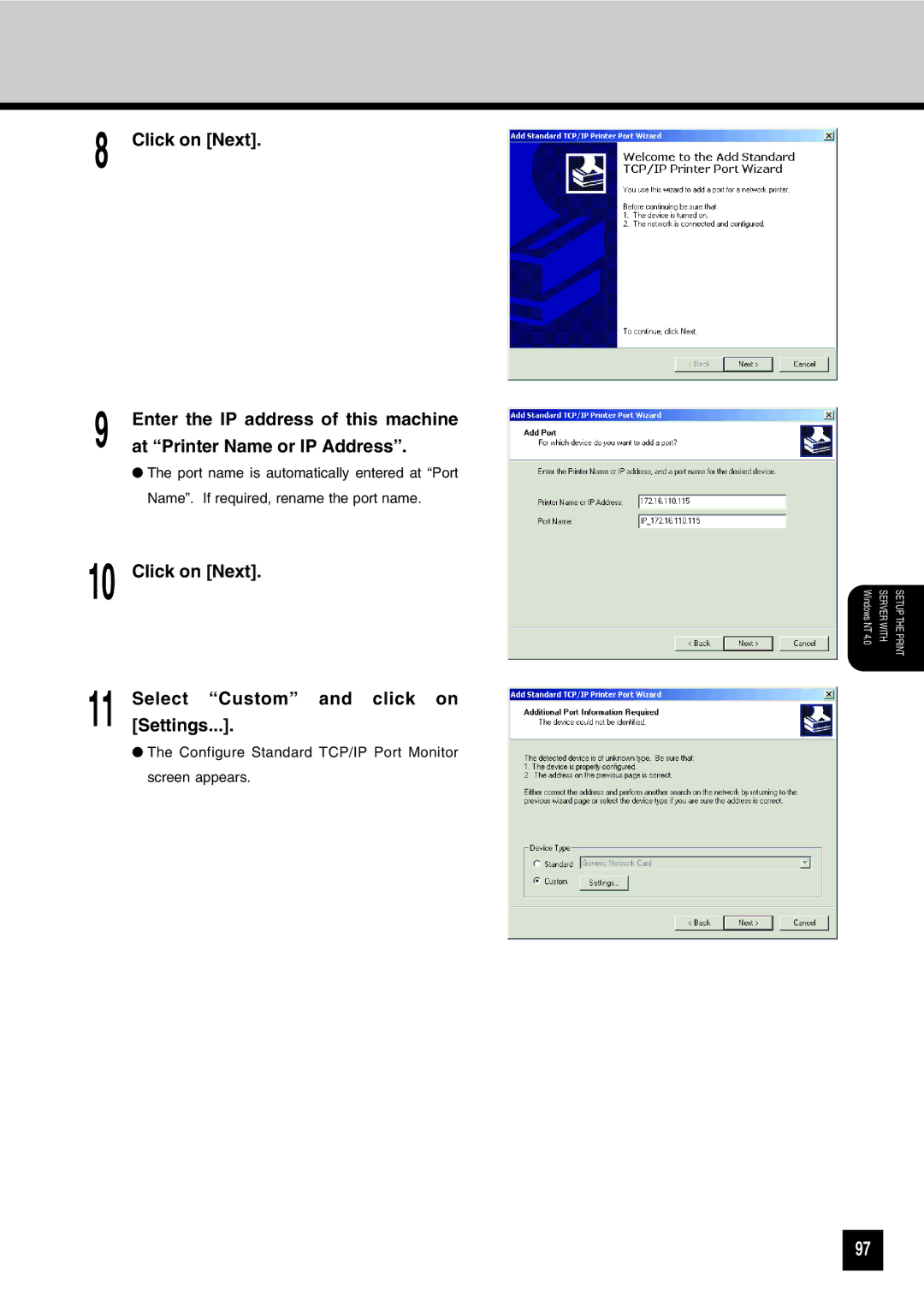 Toshiba GA-1031 manual Select Custom and click on Settings 