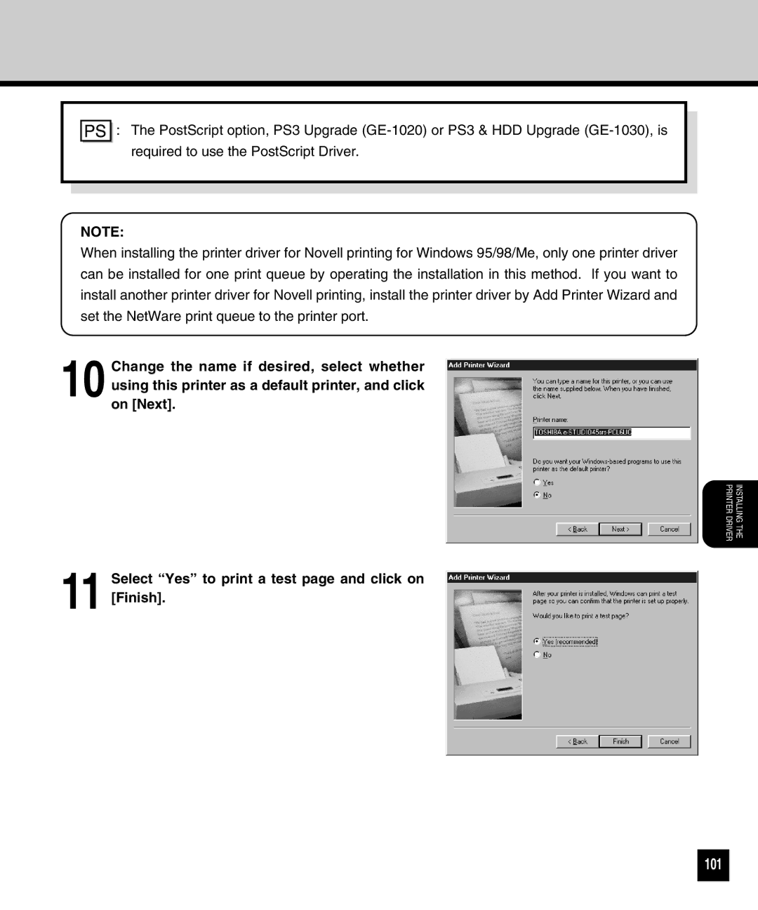 Toshiba GA-1040 manual 101, Select Yes to print a test page and click on Finish 